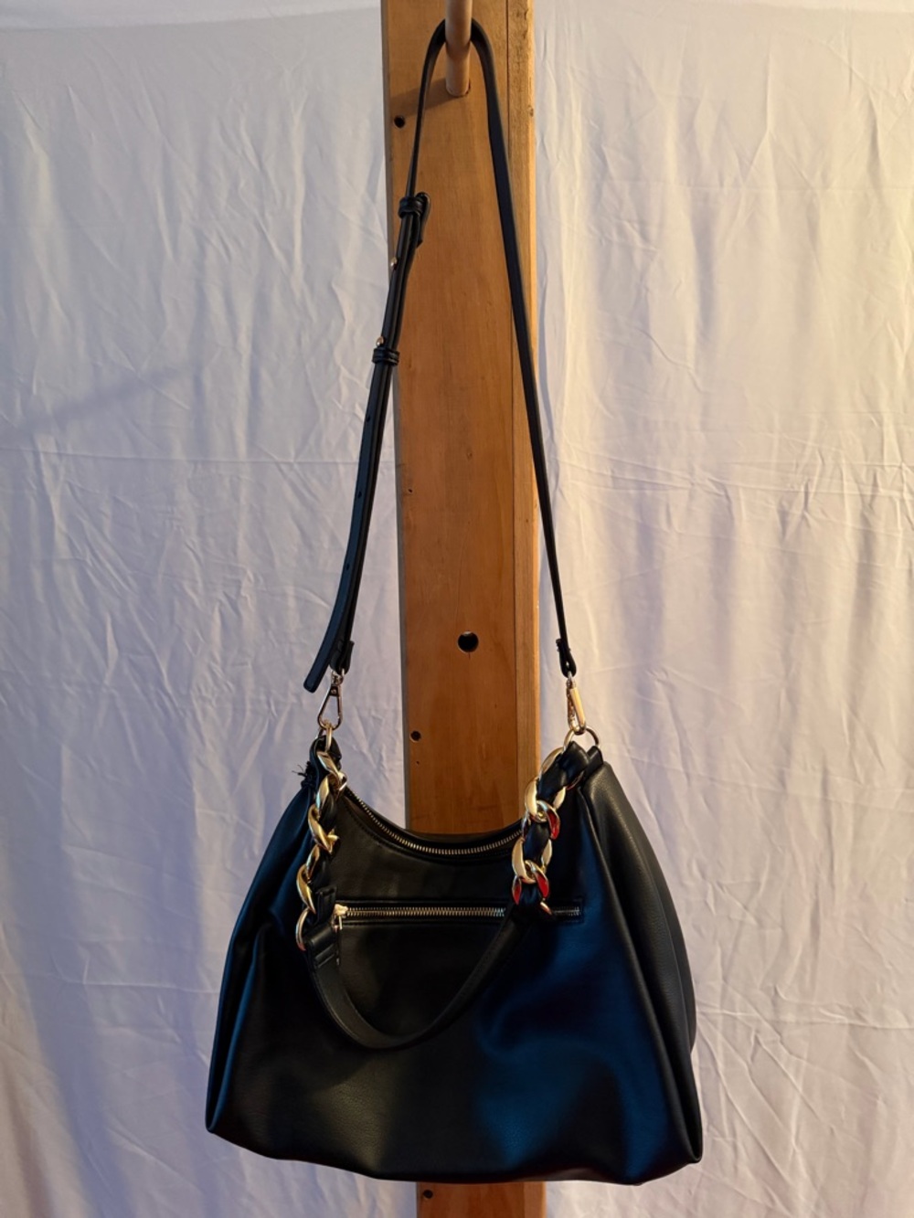 Black Leather Chain-Accent Shoulder Bag
